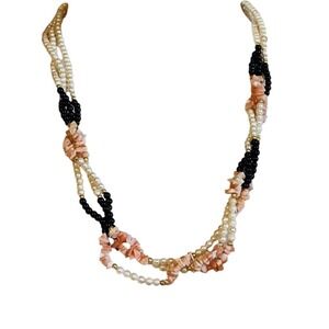 VTG Pink Coral Necklace Genuine Natural Onyx Pearl Beaded collar Triple Strand